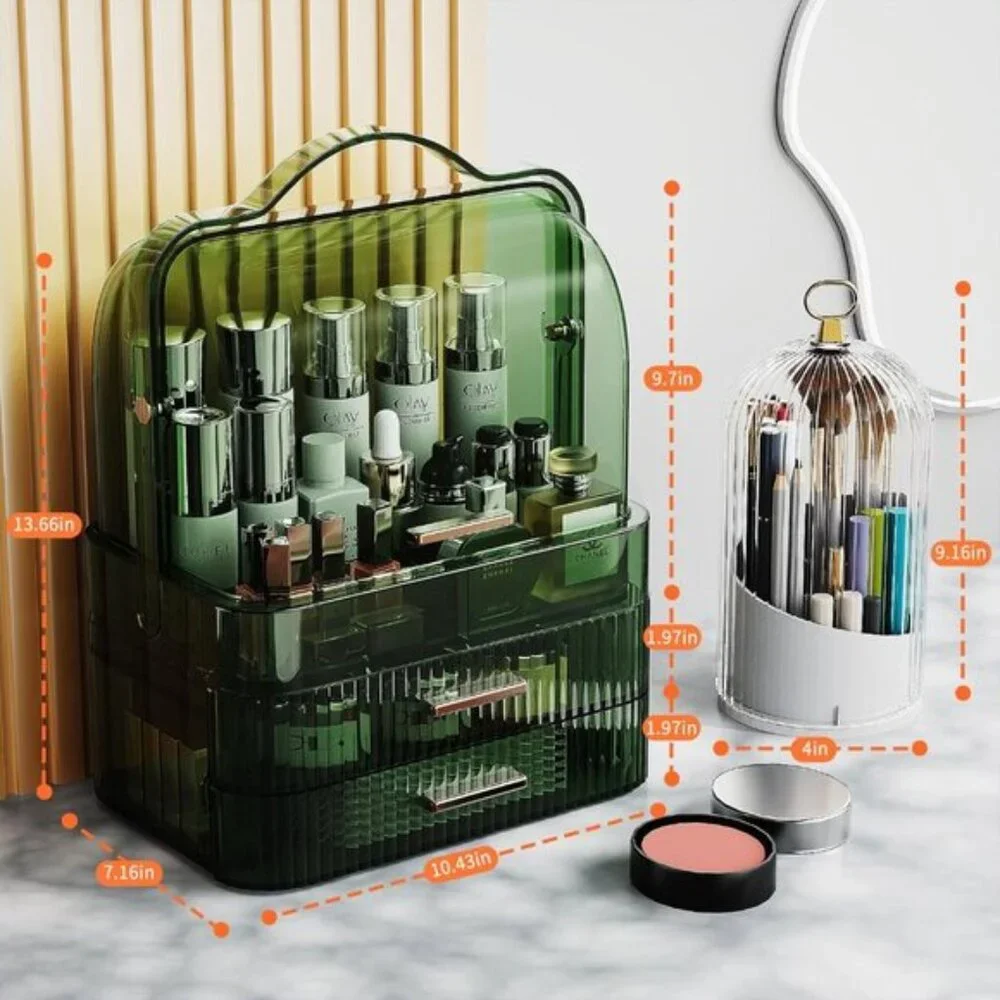 New 2-Layer Makeup & Skincare Organizer, Green Waterproof Vanity Storage Case
